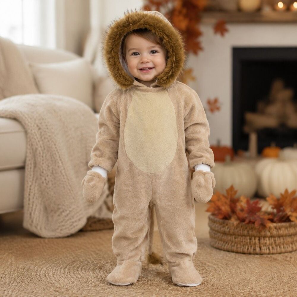 Lion Halloween Costume Infant 12-24 Months Gloves Hat Faux Fur Snaps Cuddly